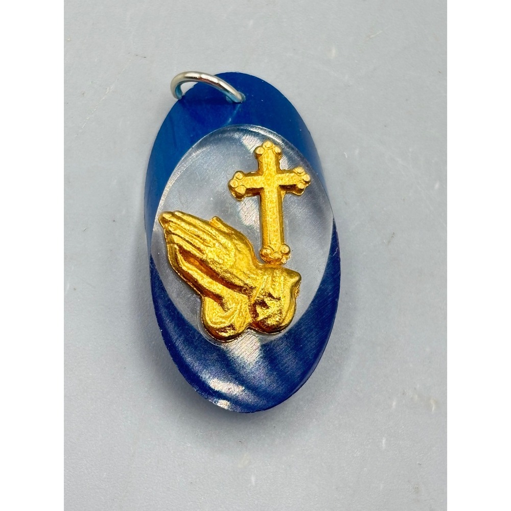 Vintage Praying Hands Cross Pendant Blue Marbled Oval Religious Charm Medallion